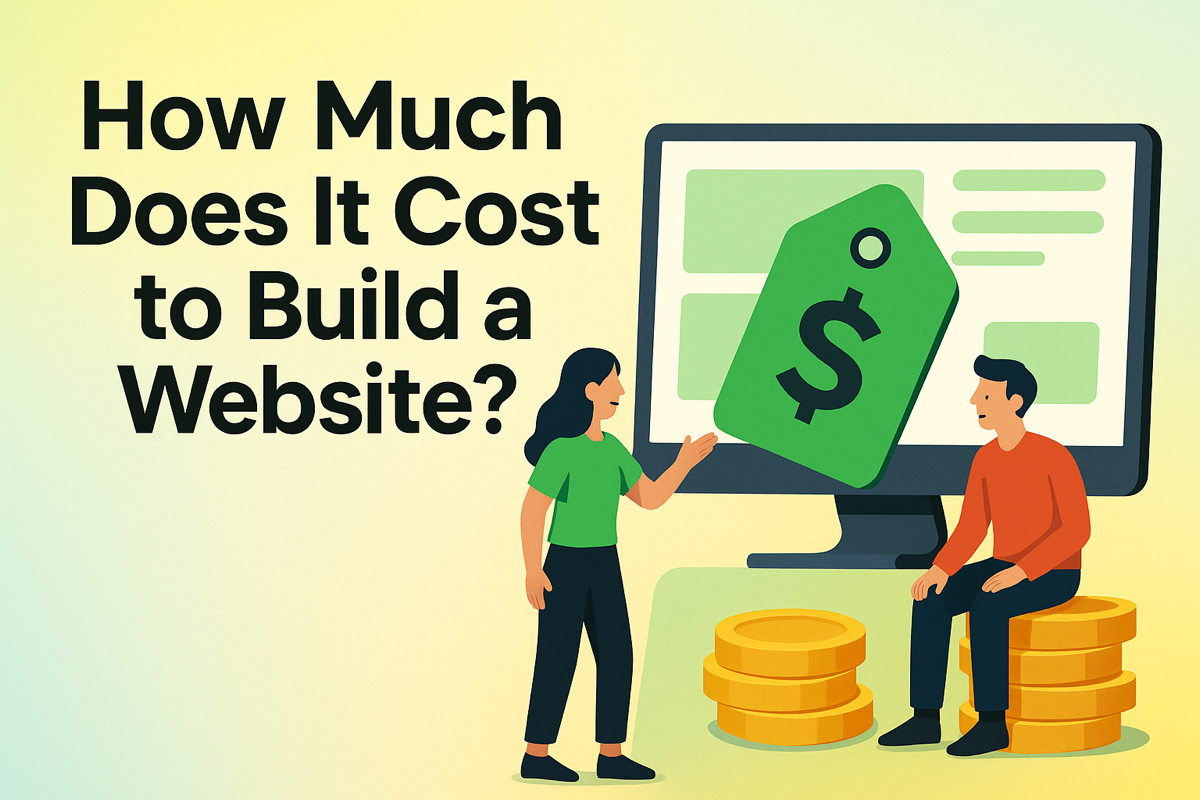 Illustration of people with computer, coins, and price tag representing how much it costs to build a website