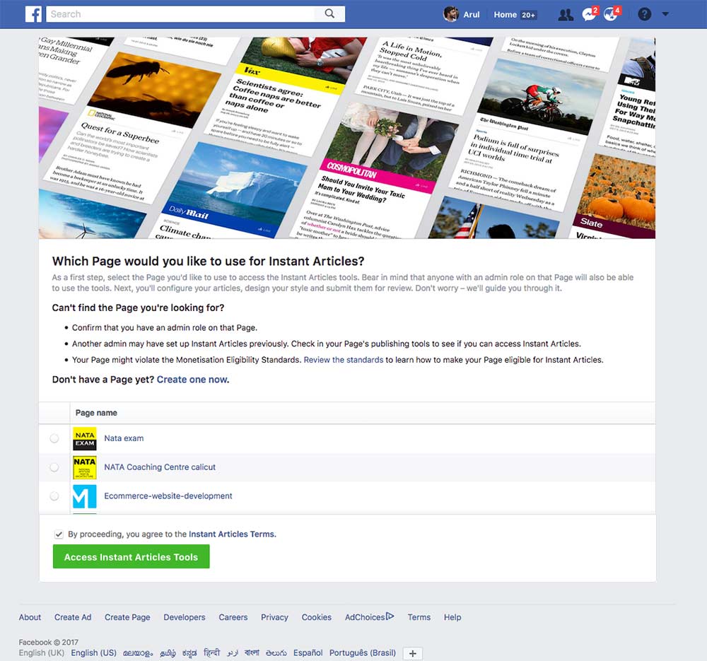 Facebook Instant Articles sign up