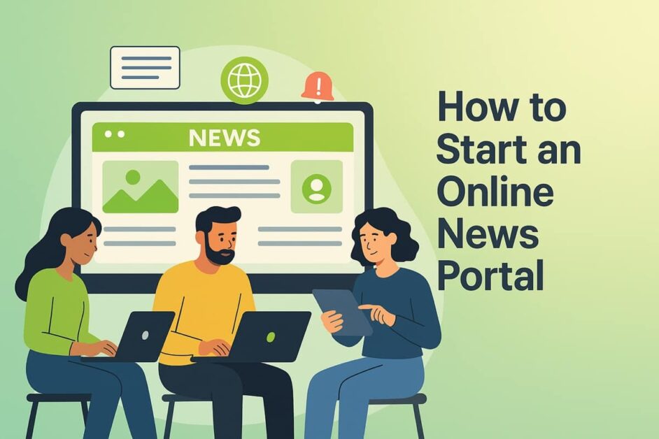 Illustration of people working on laptops in front of a computer screen showing a news website, representing how to start an online news portal