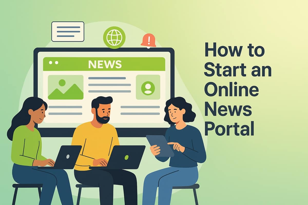 Illustration of people working on laptops in front of a computer screen showing a news website, representing how to start an online news portal