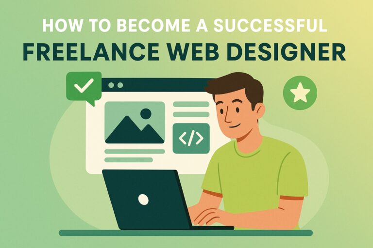 Illustration of a freelance web designer working on a laptop with website elements, representing how to become a successful freelance web designer in Melbourne