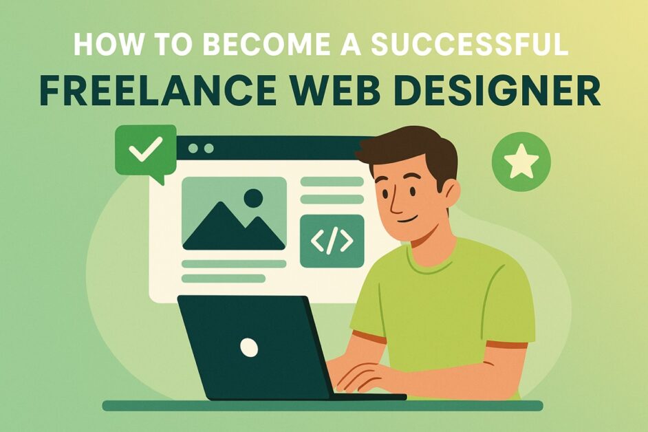 Illustration of a freelance web designer working on a laptop with website elements, representing how to become a successful freelance web designer in Melbourne