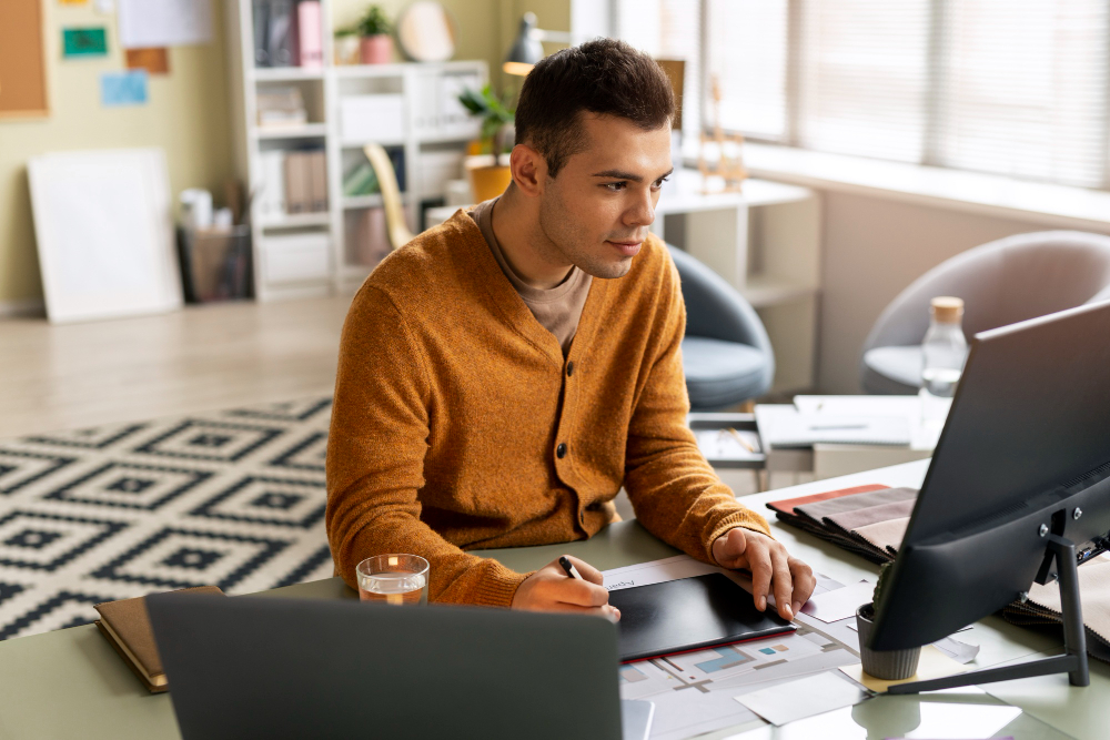 Professional Indian web designer working on a creative project in a modern workspace, symbolizing affordable and high-quality web design services