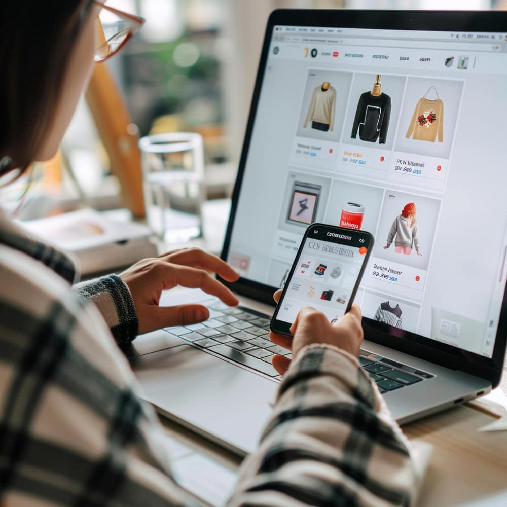 A graphic showing a successful online store with a shopping cart icon and various product images