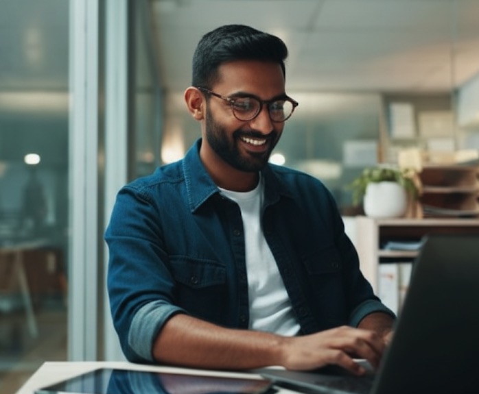 Indian web developer or professional enthusiastically working on a laptop in a contemporary office setting. He is looking at the screen and smiling, with warm lighting in the background