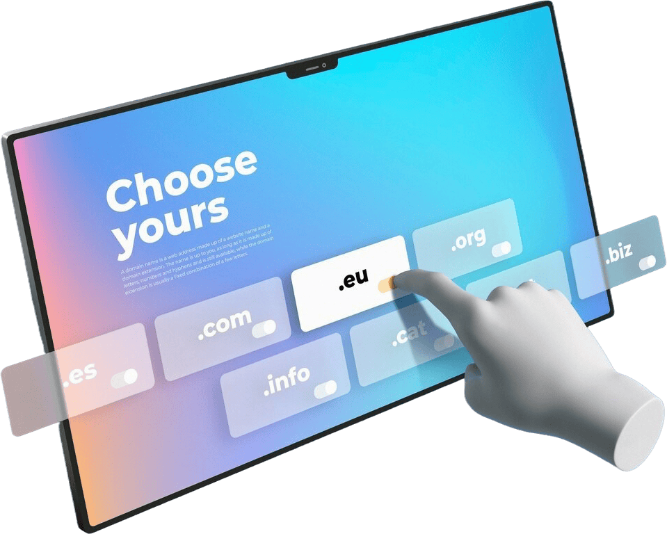 3D illustration of a hand selecting a domain extension (.eu, .com, .org) on a digital screen for domain registration and management services
