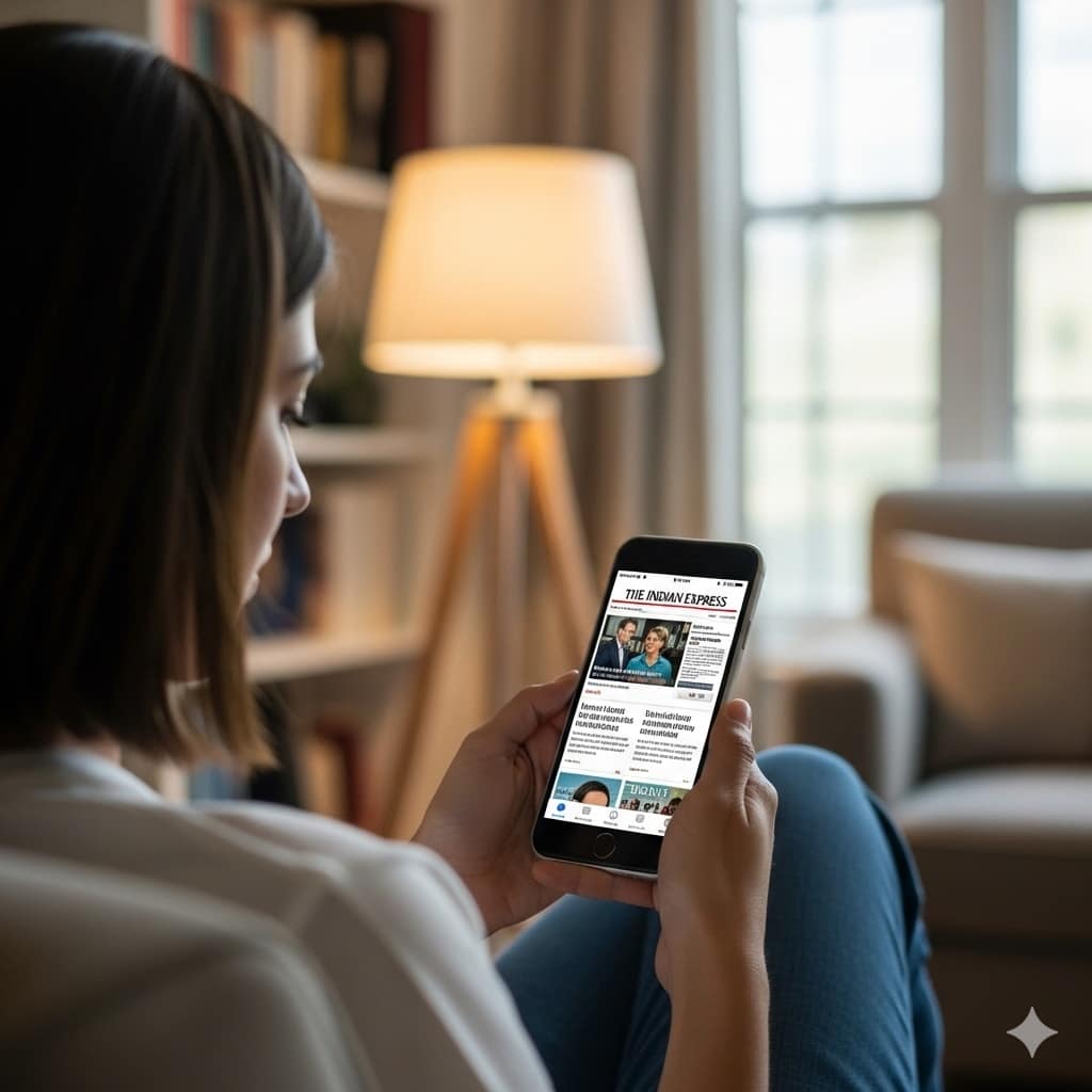 A lady sitting comfortably in an armchair, focused on reading the Indian Express news on her mobile phone app in a well-lit living room.