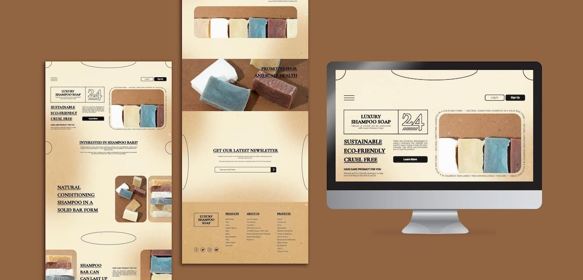 Landing page design for luxury shampoo soap featuring eco-friendly solid bar products, sustainable branding, and newsletter signup section.