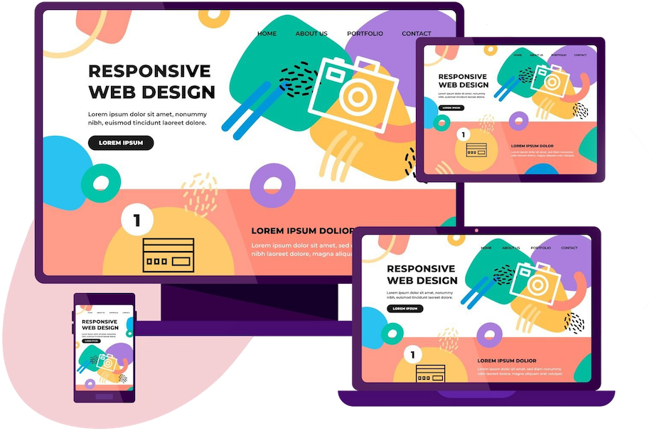 Flat design illustration of responsive web design displayed on desktop, laptop, tablet, and smartphone screens.
