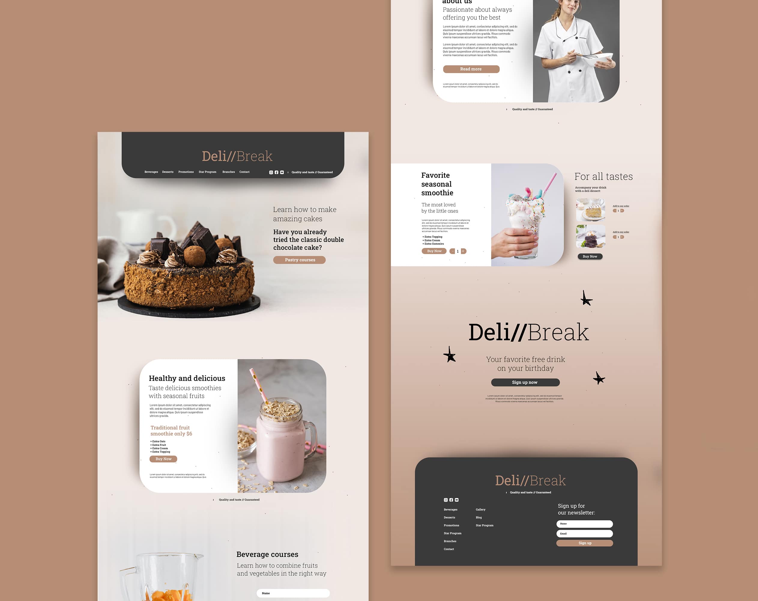 Modern restaurant website redesign mockup showing homepage layout with cake, smoothies, and responsive UI design
