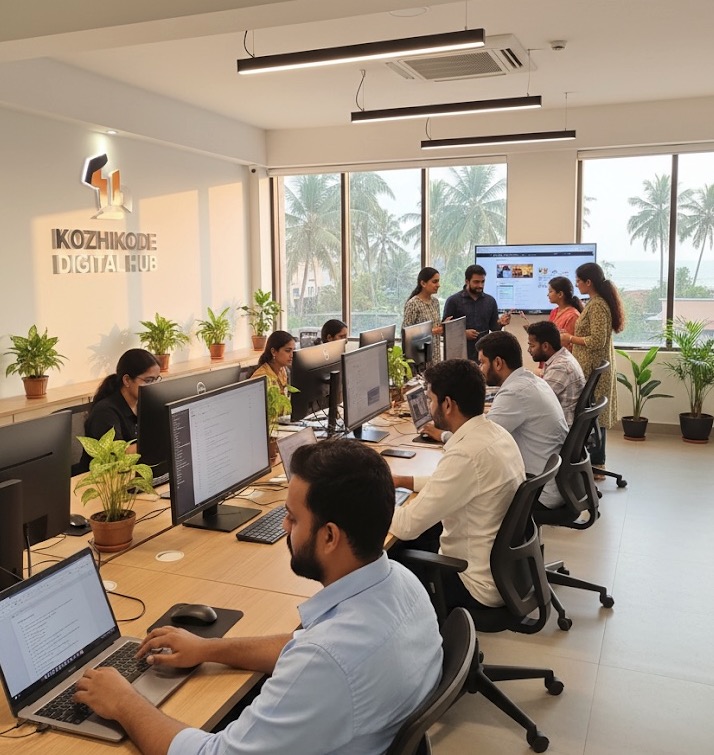Affordable web design team in Calicut, India, working together on a laptop, highlighting collaborative and cost-effective services.