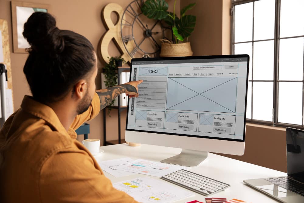 Web designer working on website redesign wireframe and layout on computer screen in modern office