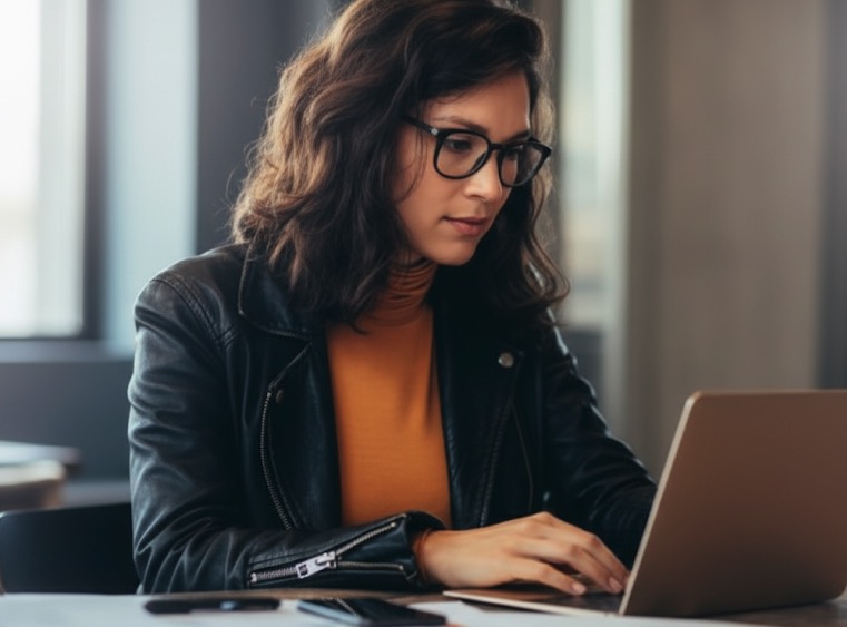 A beautiful young Indian woman with dark, curly hair and glasses, wearing a black leather jacket over a mustard yellow top, working intently on a laptop in a modern office or co-working space