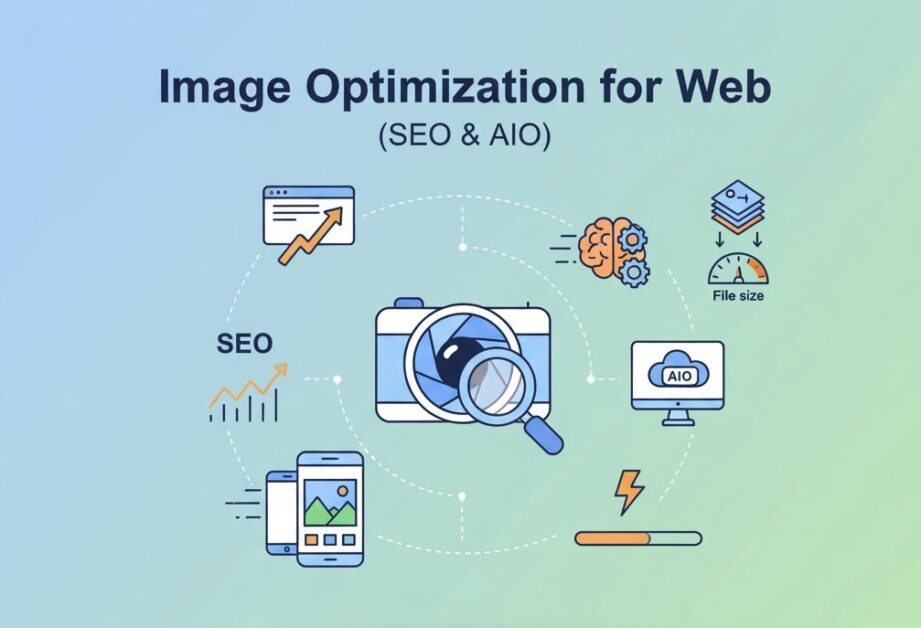 Illustration showing website image optimization for SEO and AI search in 2025