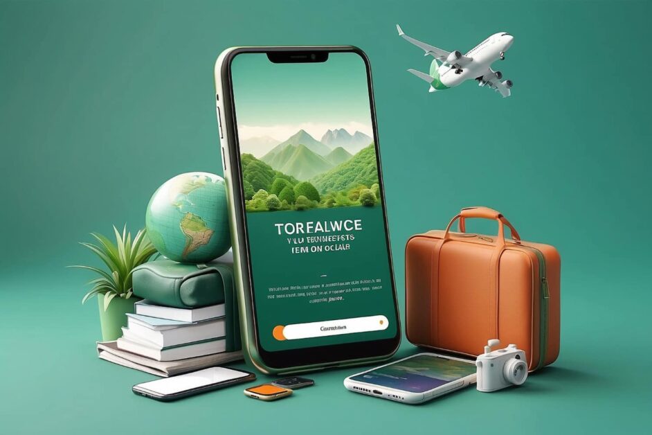 Mobile travel booking website app showing mountain destination with luggage globe and airplane — professional tour website design