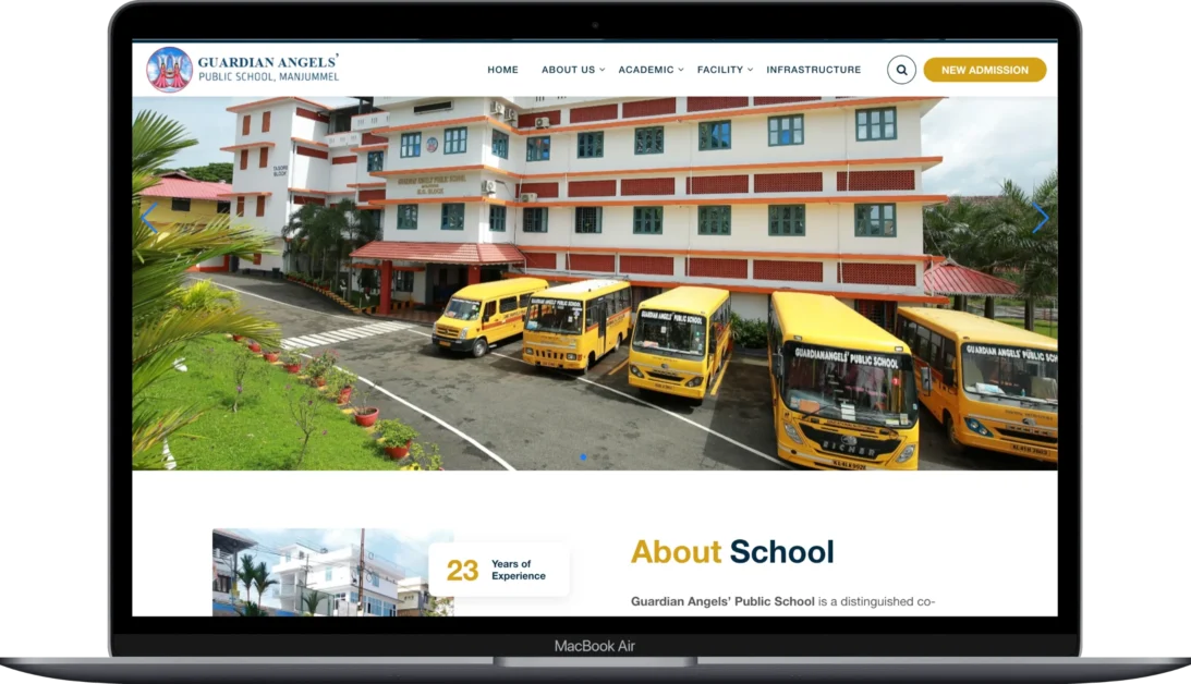 MacBook desktop view of Guardian Angels Public School website design and layout by Arul M Joseph