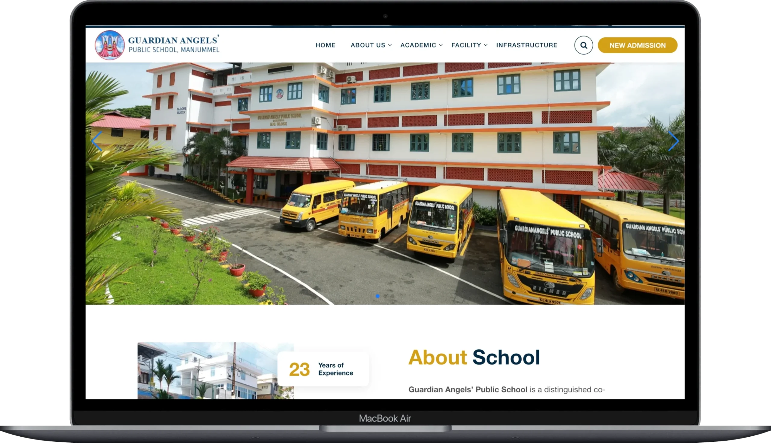 MacBook desktop view of Guardian Angels Public School website design and layout by Arul M Joseph