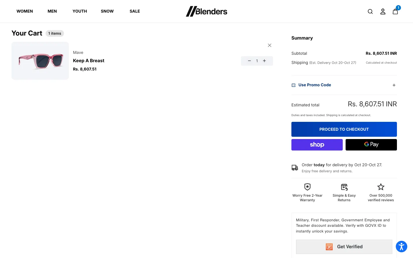 Blenders Eyewear Shopify cart with promo code link, Proceed to Checkout, Shop Pay and Google Pay buttons and warranty icons