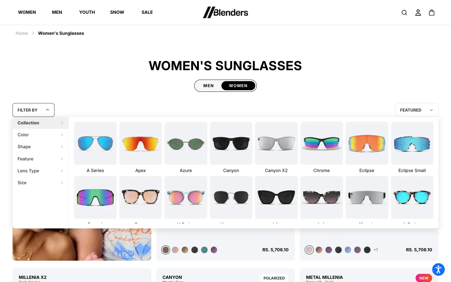 Blenders Eyewear Shopify collection page with filter panel showing frame collection thumbnails and colour, shape and lens type filters