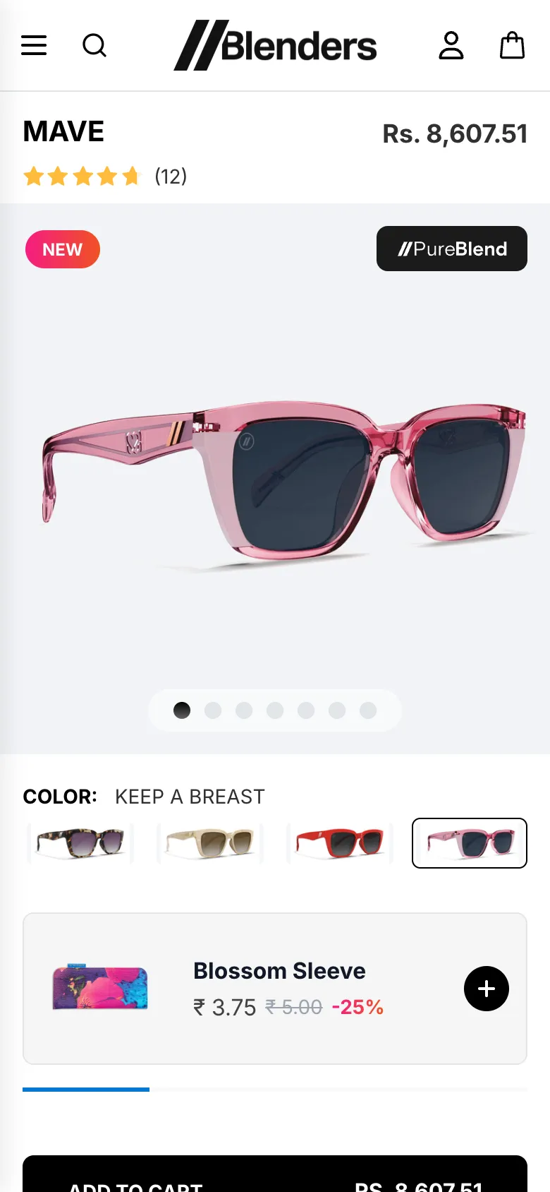Blenders Eyewear Shopify mobile product page with star rating, colourway thumbnails, add-on card and sticky Add to Cart bar