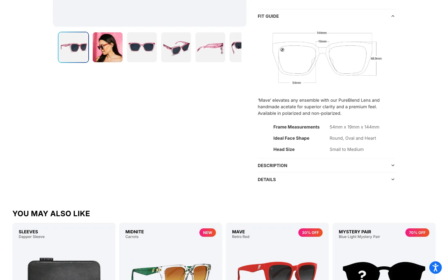Blenders Eyewear Shopify fit guide with frame line drawing, measurements, ideal face shape and head size