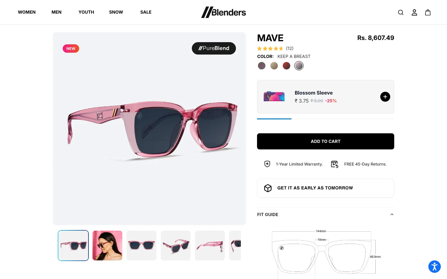 Blenders Eyewear Shopify sunglasses product page with colour swatches, add-on upsell, returns badges and fit guide