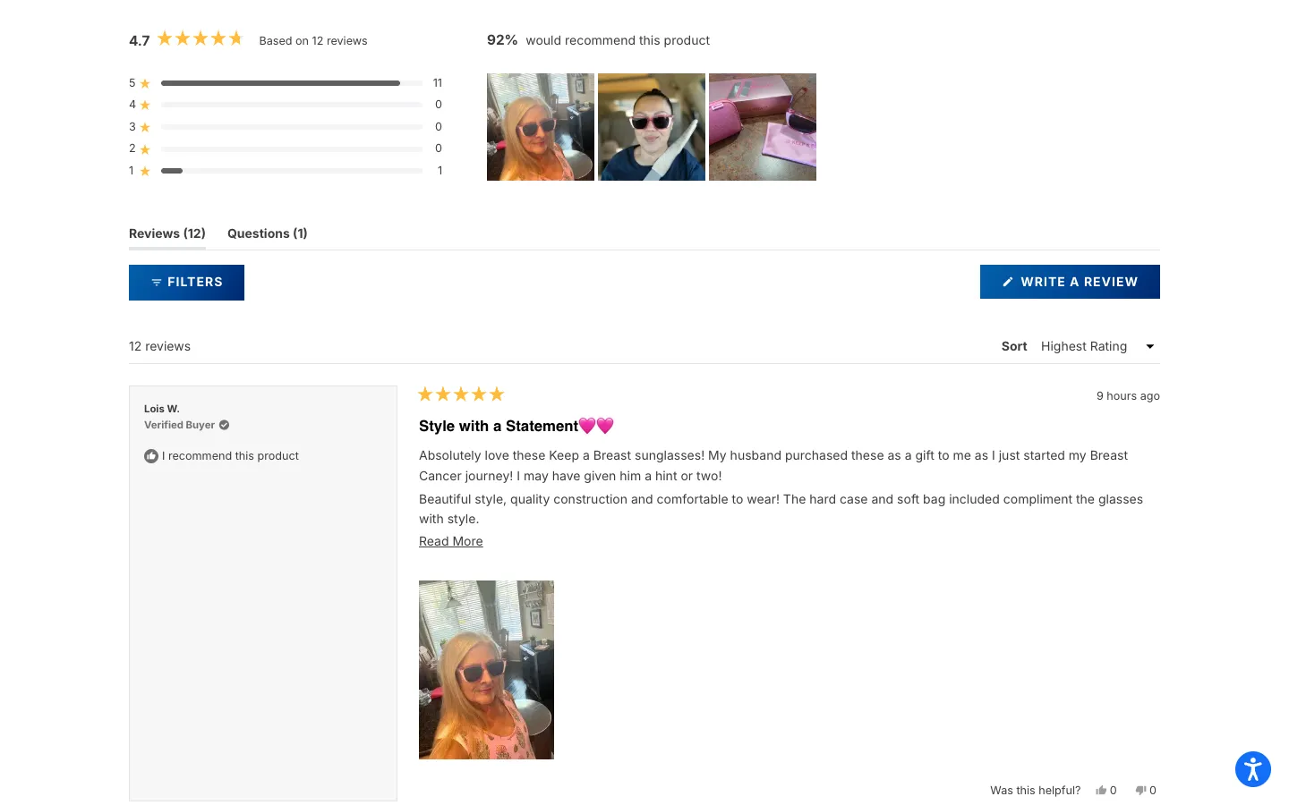 Blenders Eyewear Shopify reviews section with star breakdown, recommend percentage, customer photos and verified buyer reviews