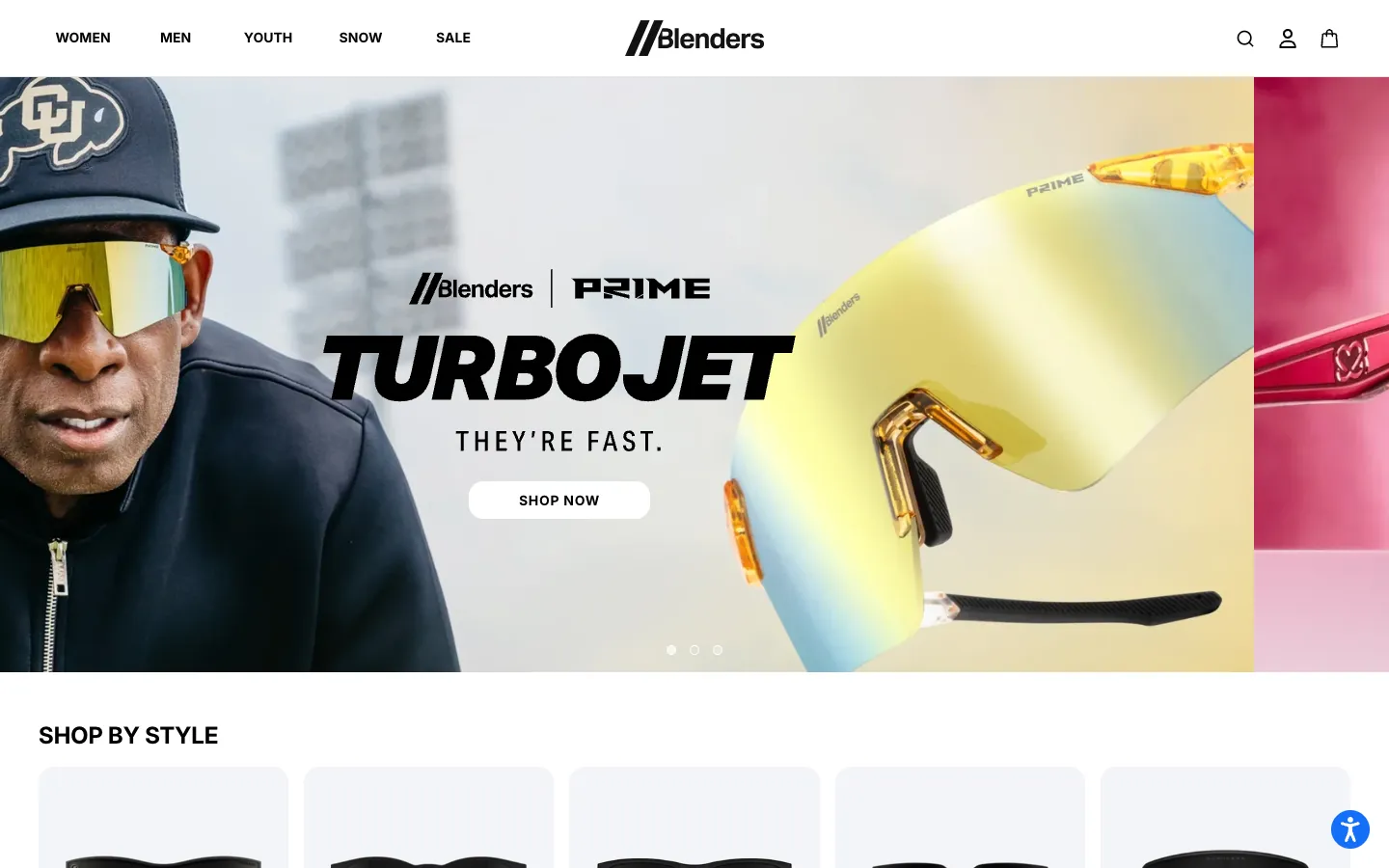 Blenders Eyewear Shopify sunglasses homepage with Blenders x Prime Turbojet campaign banner and Women, Men, Youth and Snow menu