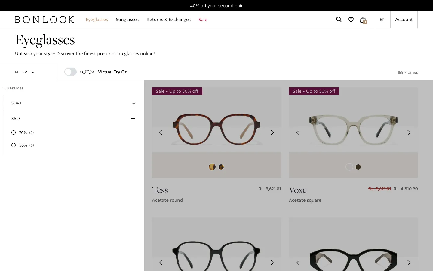 BonLook Shopify eyeglasses collection page with filter panel, Virtual Try On toggle and three-column product grid
