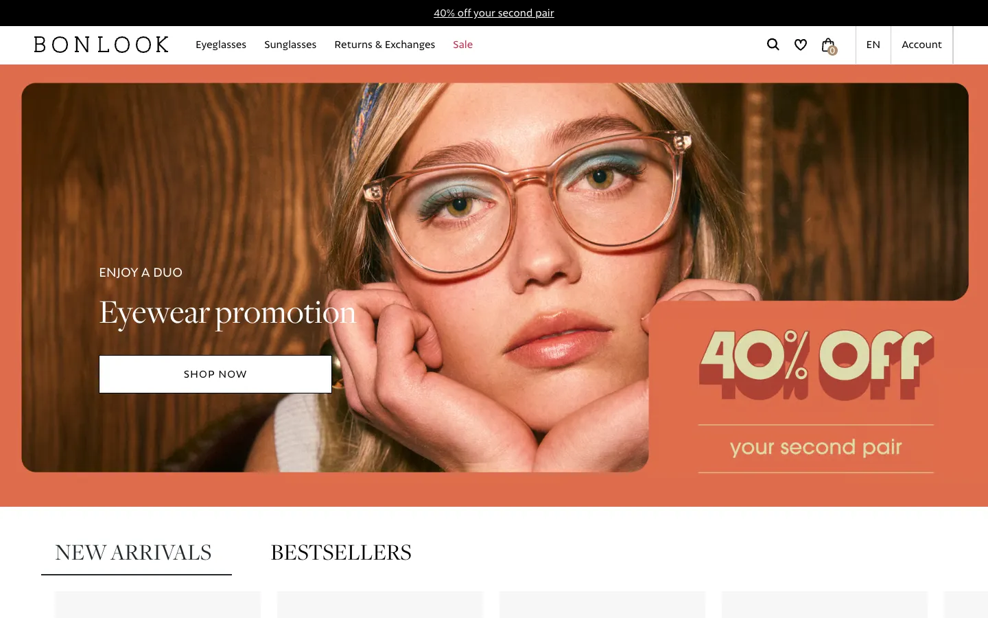 BonLook Shopify eyewear homepage with a woman in clear pink glasses and a 40% off second pair promotion