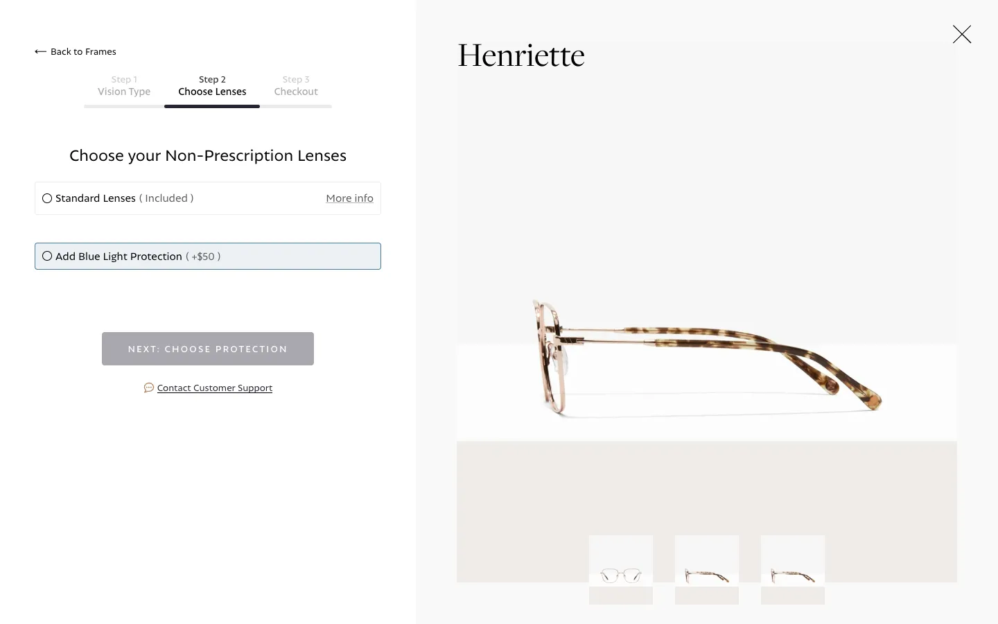 BonLook Shopify lens selection step 2 with standard lenses and blue light protection options and add-on price