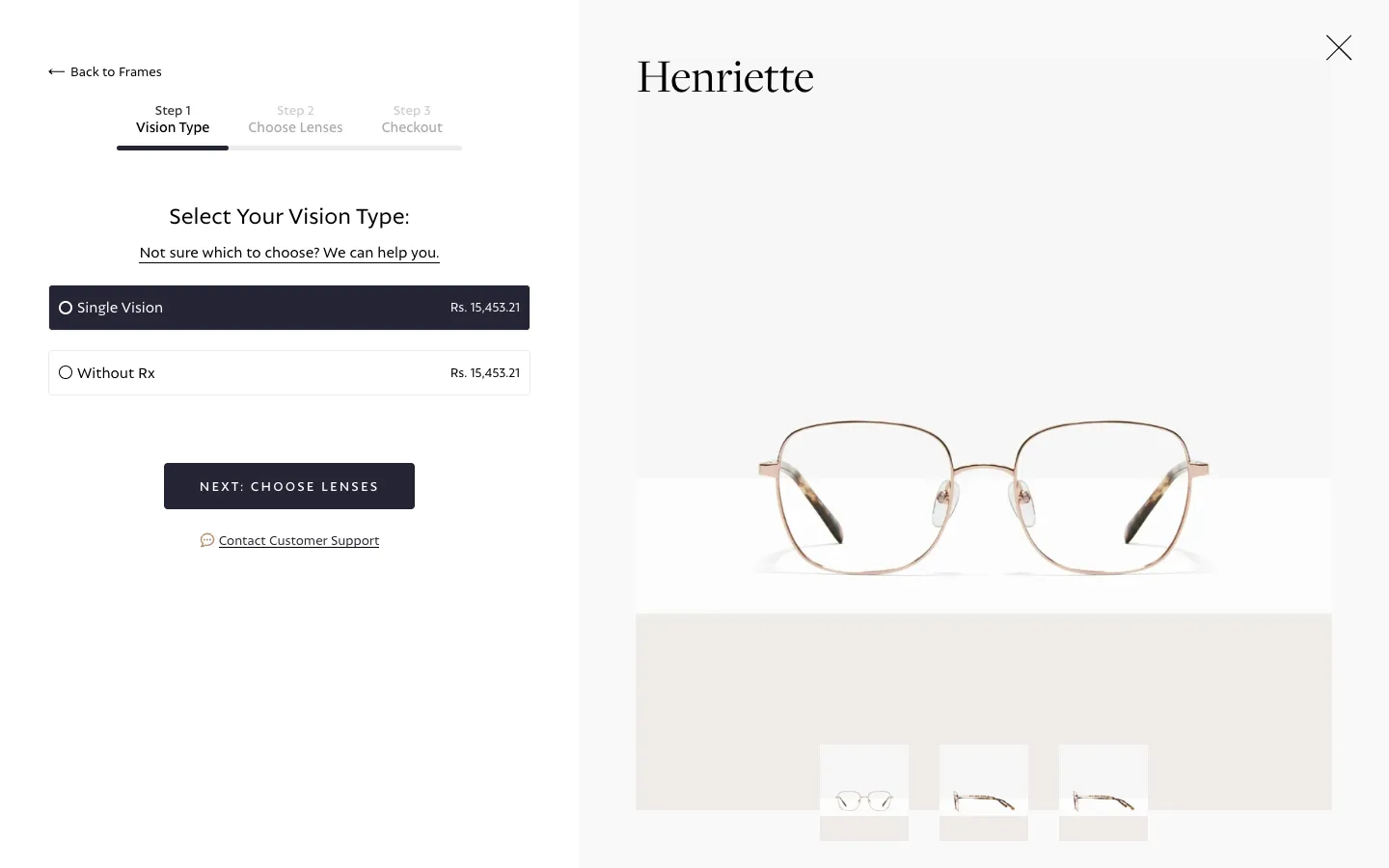 BonLook Shopify lens selection step with Vision Type options, three-step progress bar and frame photo