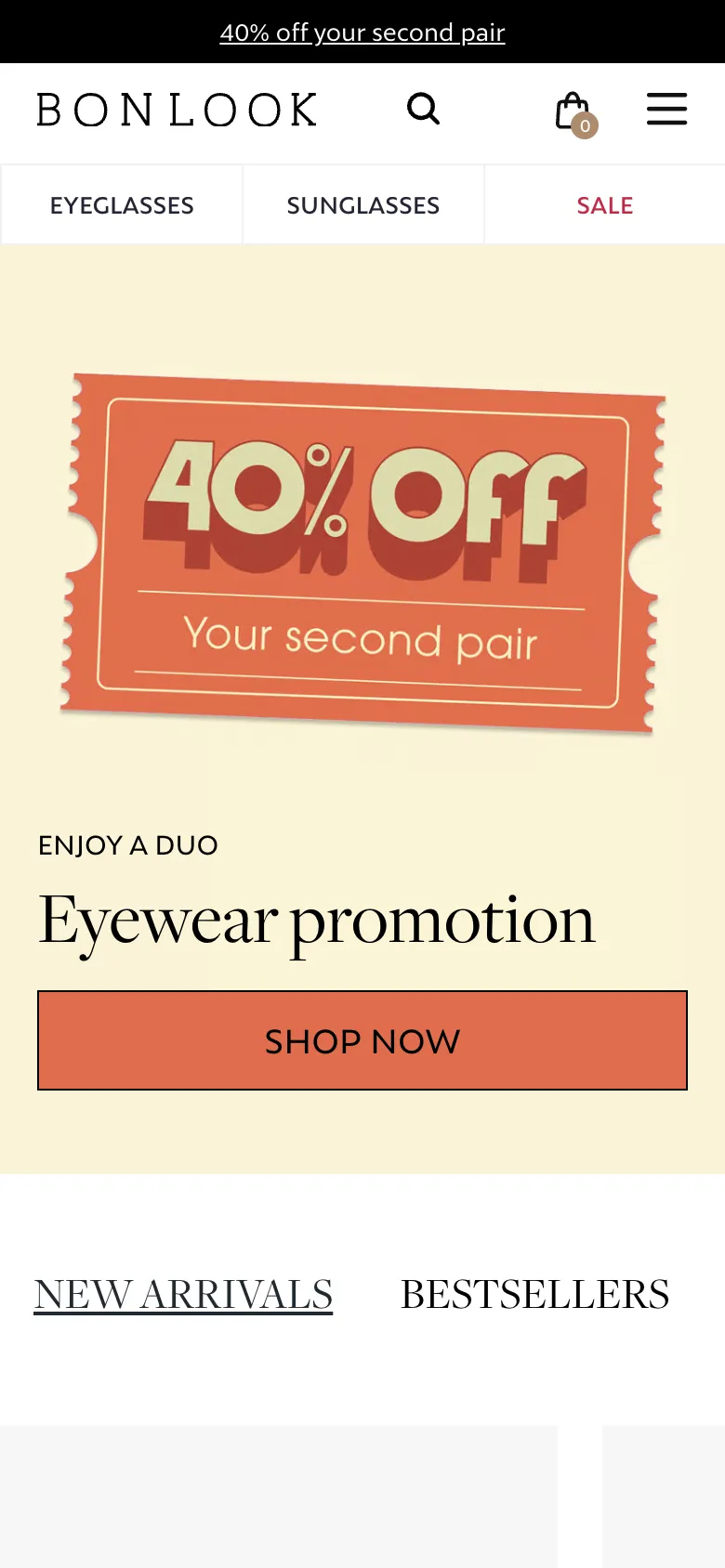 BonLook Shopify eyewear mobile homepage with Eyeglasses, Sunglasses and Sale tab bar and 40% off hero