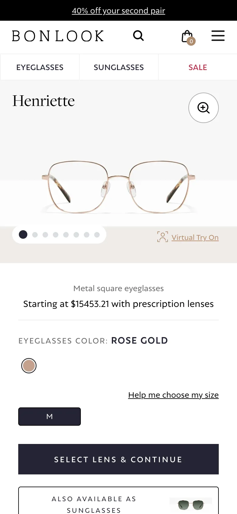 BonLook Shopify mobile product page with photo gallery, Virtual Try On link and full-width Select lens and continue button