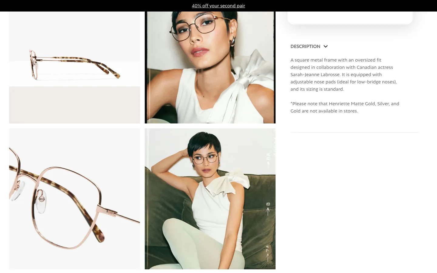 BonLook Shopify product page scrolled to the description accordion with hinge close-up and model photos