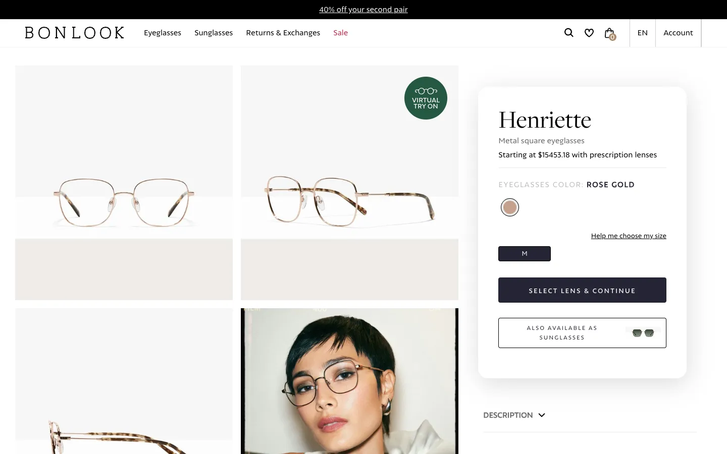 BonLook Shopify eyeglasses product page with Virtual Try On badge, size help link and Select lens and continue button