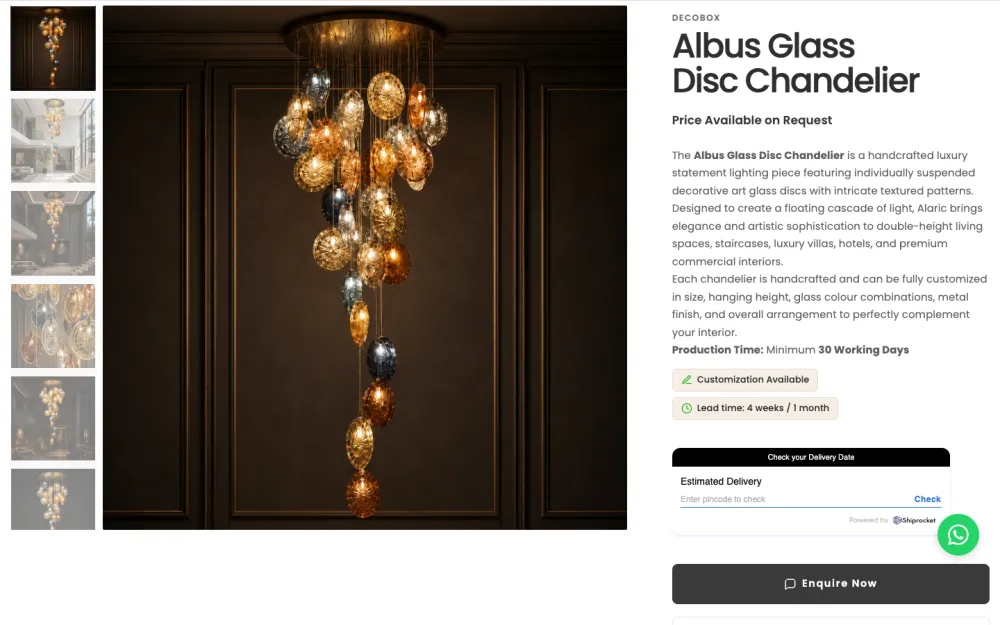 Decobox Shopify product page for a custom glass disc chandelier with Enquire Now button