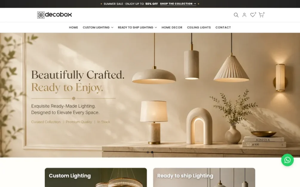 Decobox Shopify lighting store homepage with custom and ready-to-ship lighting categories