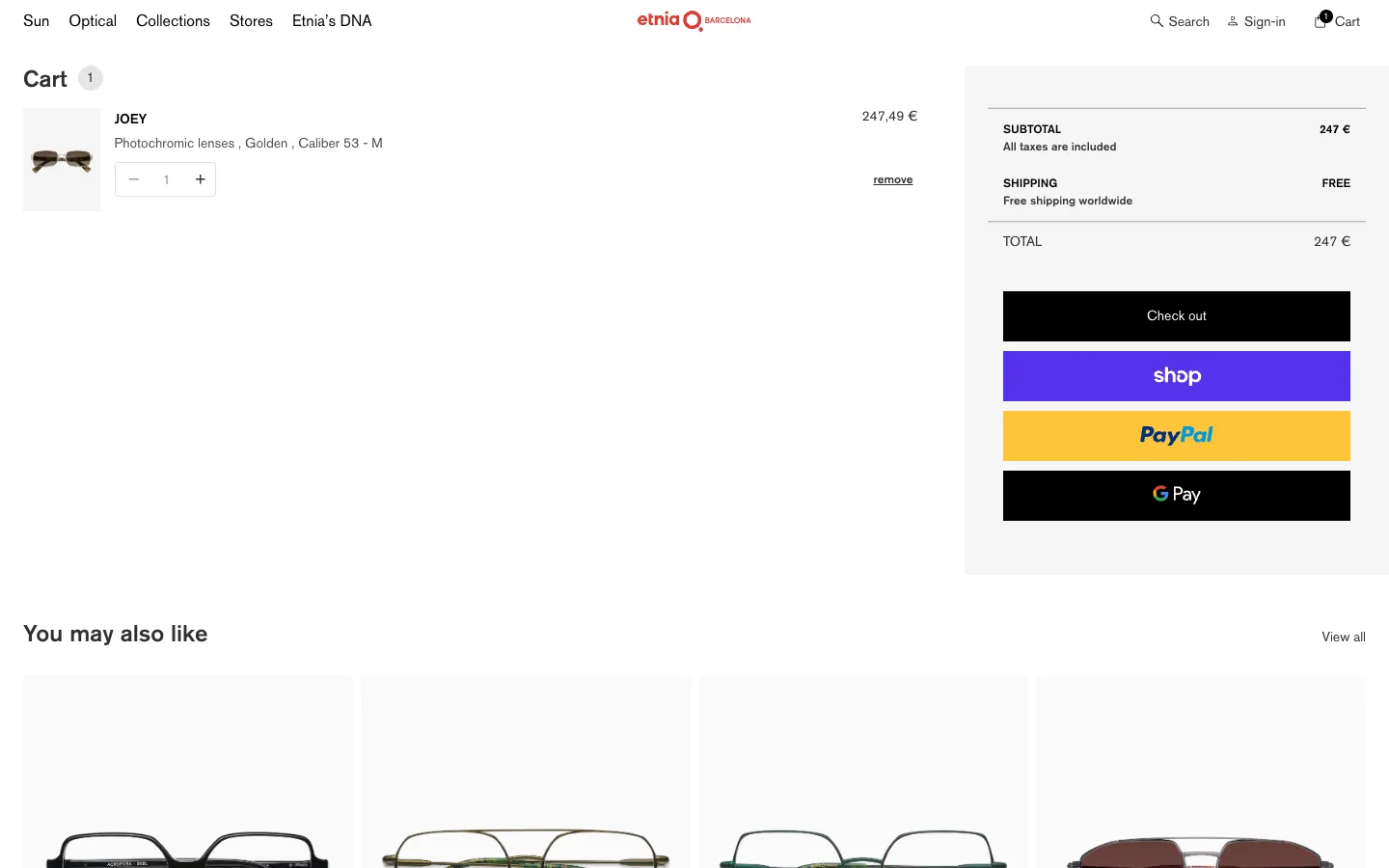 Etnia Barcelona Shopify cart with free worldwide shipping, taxes included and Check out, Shop Pay, PayPal and Google Pay buttons
