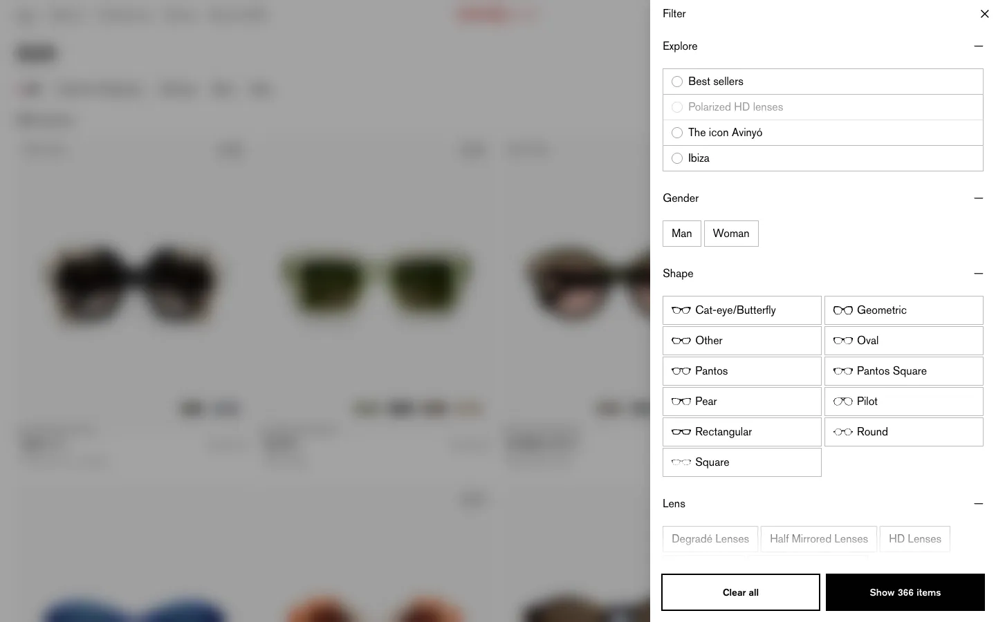 Etnia Barcelona Shopify filter drawer with frame shape icons, lens type filters and Show 366 items button