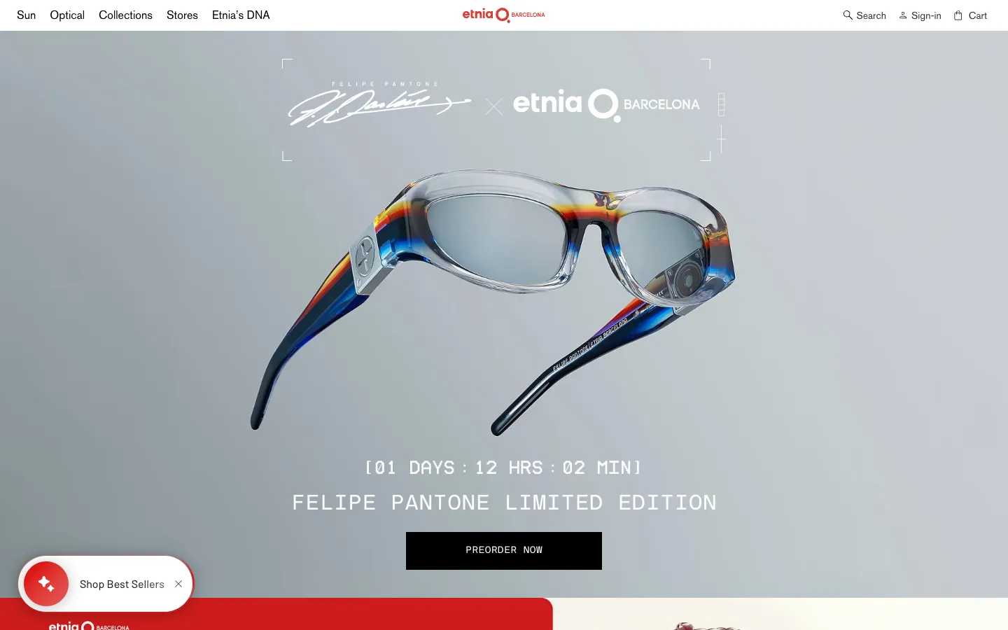 Etnia Barcelona Shopify eyewear homepage with Felipe Pantone limited edition hero, countdown timer and Preorder Now button
