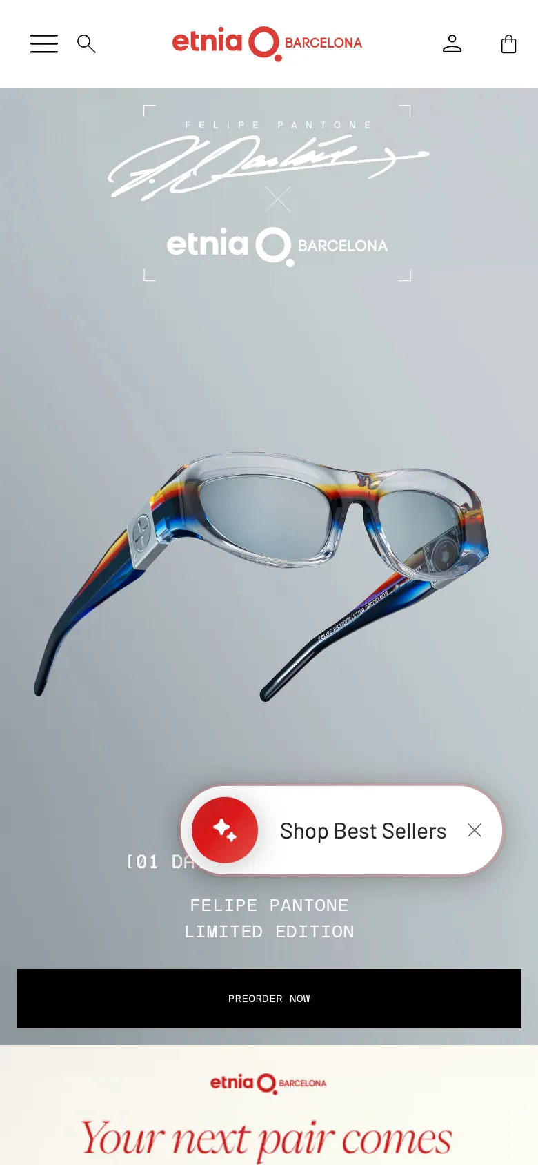 Etnia Barcelona Shopify mobile homepage with limited edition campaign, Preorder Now bar and floating Shop Best Sellers pill