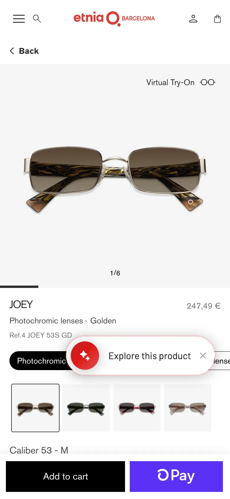 Etnia Barcelona Shopify mobile product page with lens type buttons, colour thumbnails and sticky Add to cart and Shop Pay bar