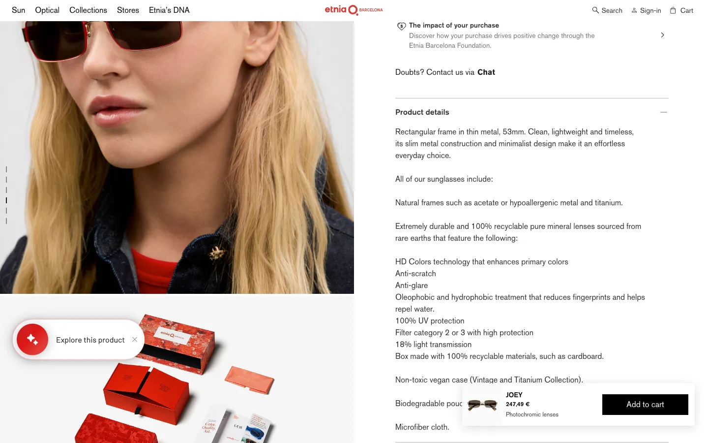 Etnia Barcelona Shopify product details accordion with plain-text list and sticky Add to cart bar