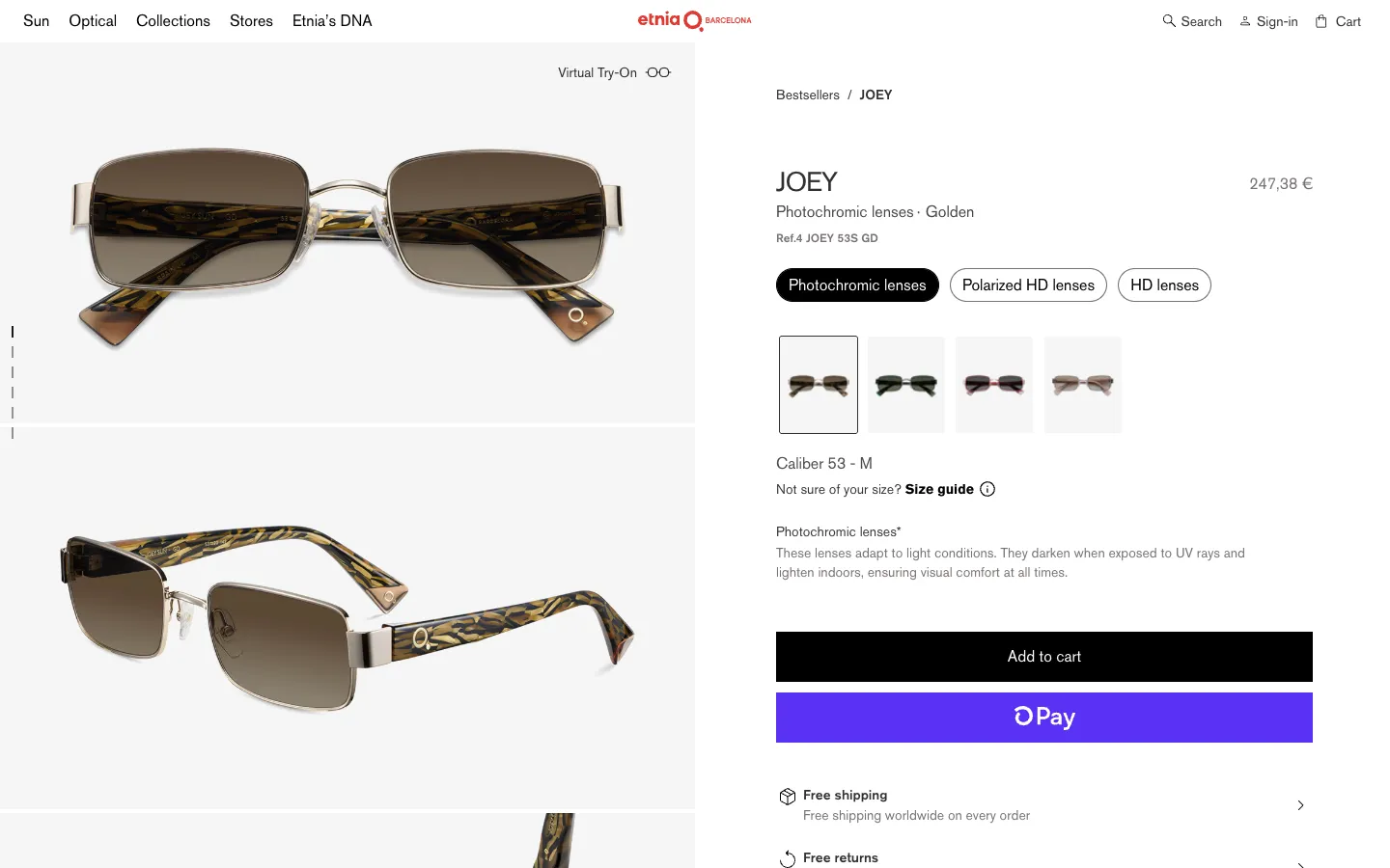 Etnia Barcelona Shopify sunglasses product page with lens type buttons, colour thumbnails, Virtual Try-On link and size guide