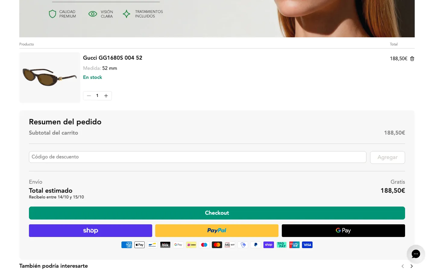 Óptica Bassol Shopify cart with order summary, discount code field, delivery date range and Checkout, Shop Pay, PayPal and Google Pay buttons