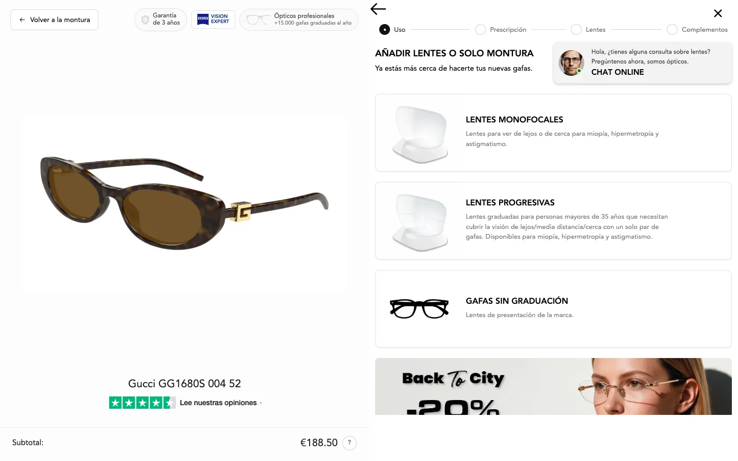 Óptica Bassol Shopify lens selection step with four-step progress, single vision, progressive and non-prescription lens cards and trust badges