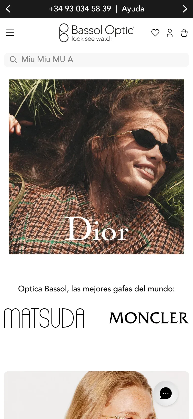 Óptica Bassol Shopify mobile homepage with phone number bar, full-width search field and designer brand logos