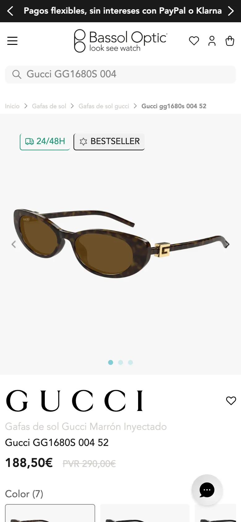 Óptica Bassol Shopify mobile product page with Gucci logo, price, colour thumbnails and delivery badges