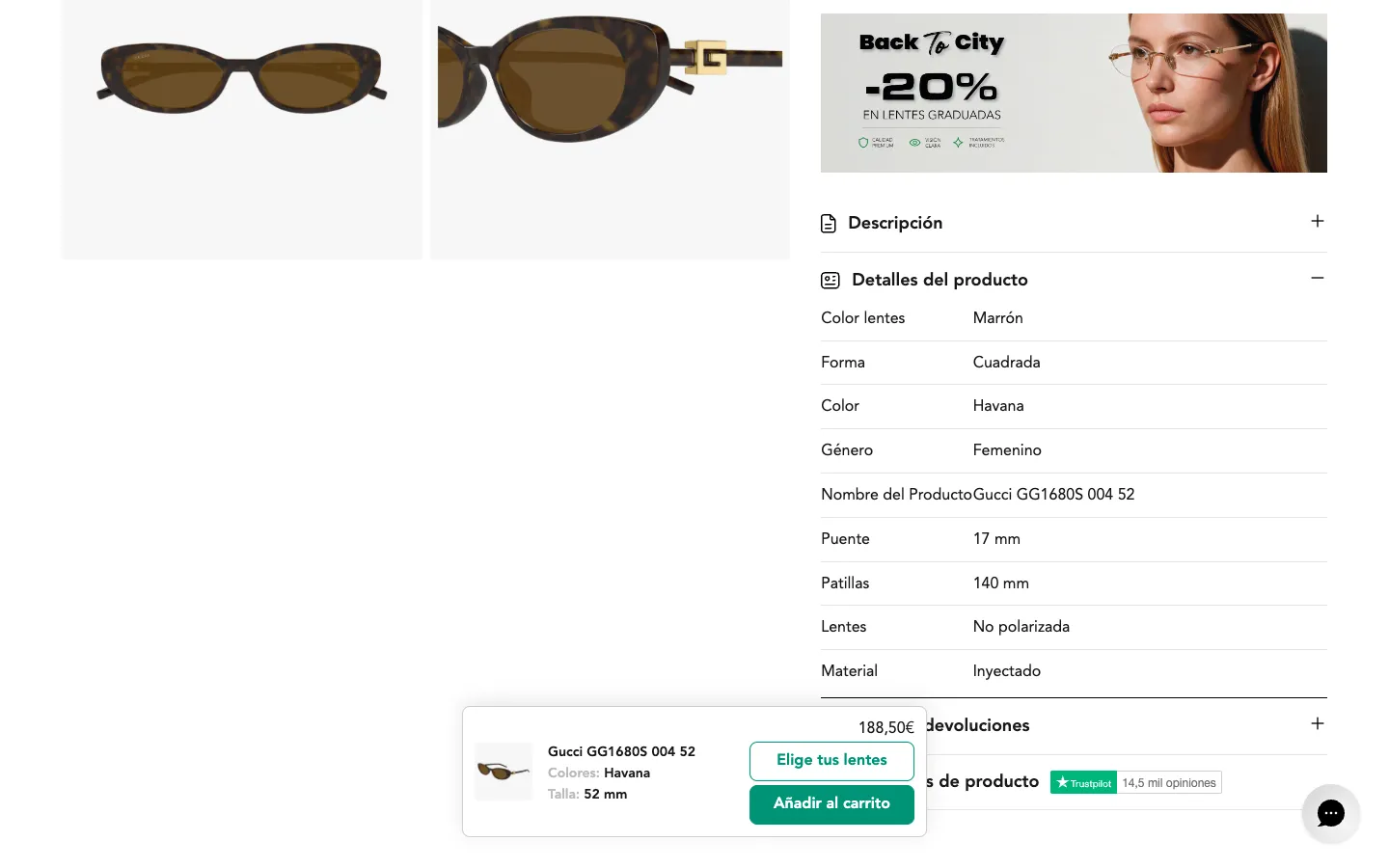 Óptica Bassol Shopify product details spec table with bridge and temple measurements and Trustpilot reviews accordion